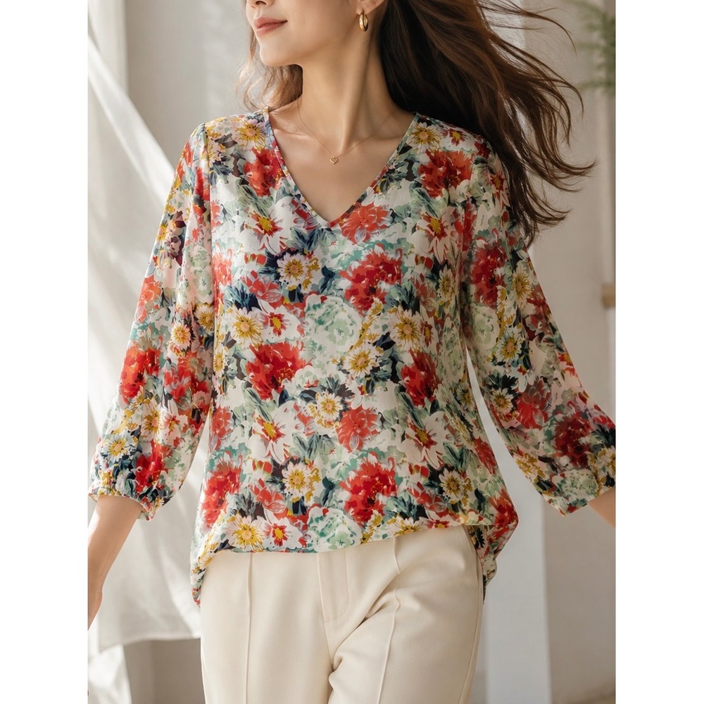 Mario Serrani Floral Blouse Women XXL Multicolor Good V-Neck‎ 3/4 Sleeve Tunic
